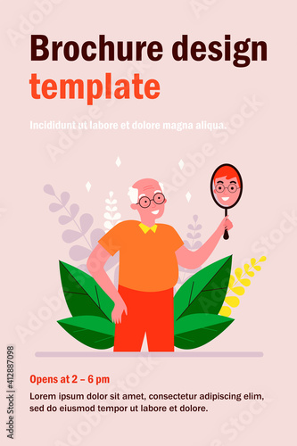 Smiling man looking at himself in mirror. Granddad imagining himself as young guy flat vector illustration. Narcissism and reflection concept for banner, website design or landing web page