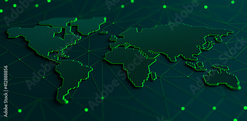 Abstract map of continents. Globalization and geopolitics in high-tech world of future. 3D illustration of communications and data exchange in a virtual network. Bright, juicy, neon colors