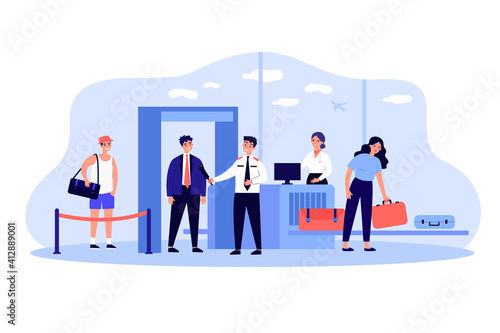 People giving luggage for checking in airport concept. Passengers and tourists walking through metal detection gate way. Vector illustration for travel, transportation, security concept