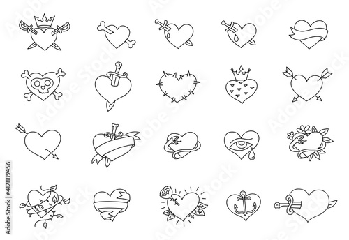 Heart icons set collection. Contour line. Pierce arrow. Pirate bones. Snake skull and knife. Valentines day love for men. Vector illustration. photo