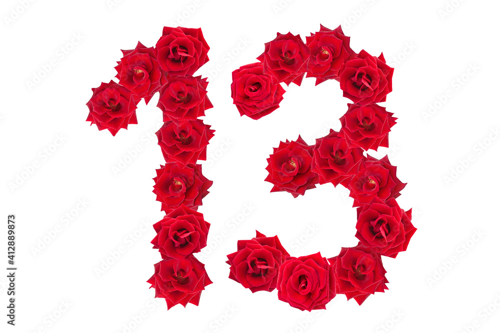 Numeral 13 made of red roses on a white isolated background. Element for decoration. Red roses. Numeral 13 made of red roses on a white isolated background. Element for decoration. Red roses.