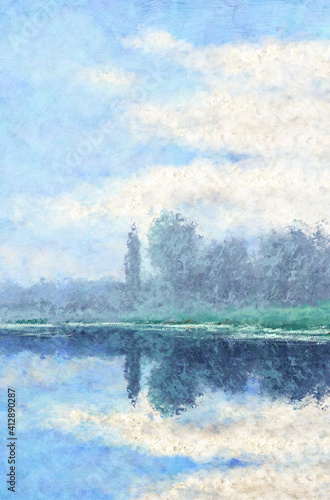 Oil paintings rural landscape, pond. Fine art. 