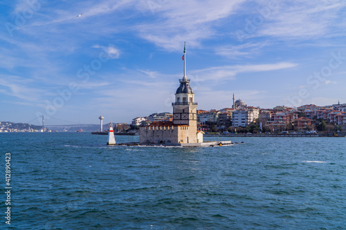 A view of the Maiden's Tower in Üsküdar on the Asian side of the Bosphorus with buildings in the background