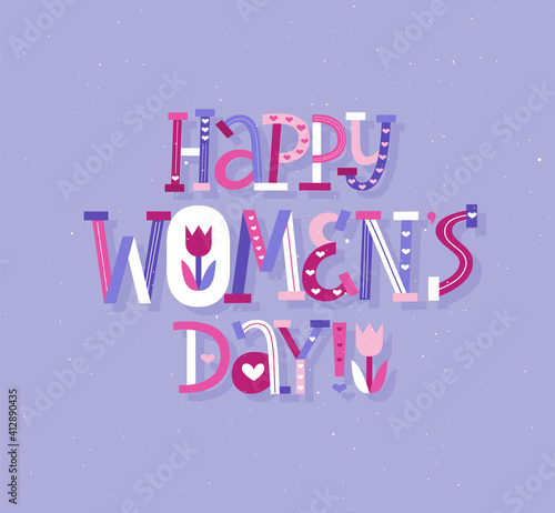 Happy Women Day fun purple design. Paper cut card