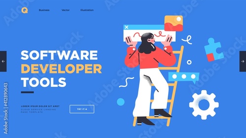Landing page template of developing computer software, coding and programming . Modern flat design concept of web page design for website. Vector
