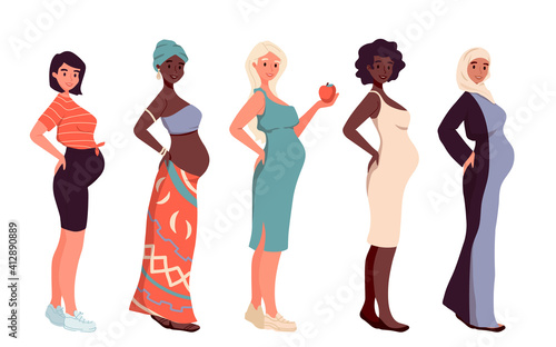 Set of different pregnant women, dress, hijab, underwear. African american, arab woman, caucasian. Young beautiful multi-ethnic mothers of different nationalities. Diversity, multiethnic society.