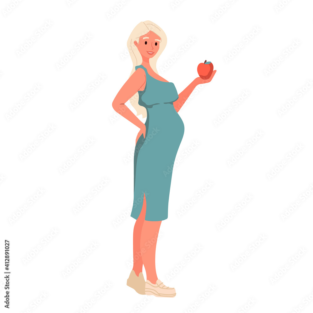 Young fit pregnant woman in elegant dress eating an apple. Future mother expecting baby. Motherhood. New born. Diet, healthy food, health care, weight control. Full length, flat style Young fit pregnant woman in elegant dress eating an apple. Future mother expecting baby. Motherhood. New born. Diet, healthy food, health care, weight control. Full length, flat style