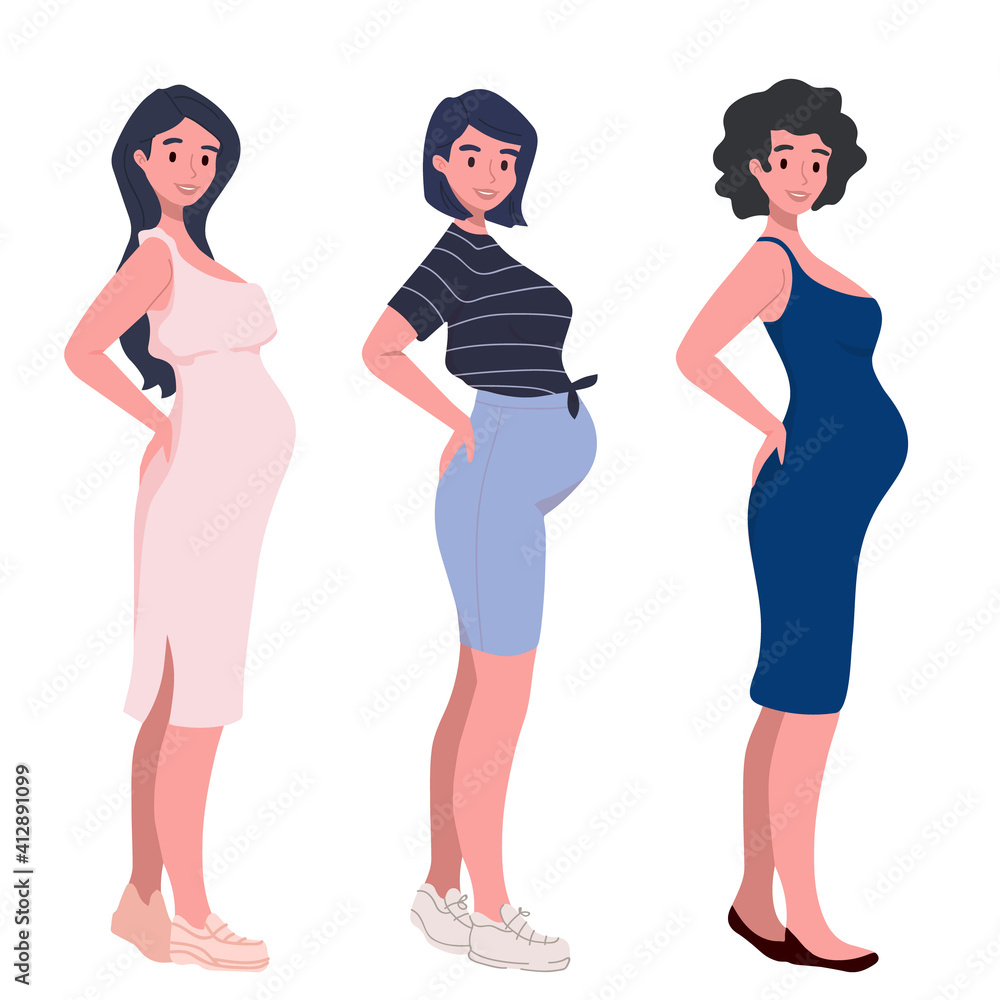 Set of different caucasian pregnant women in dress, sportswear. Future mother expecting baby. Motherhood. New born. Mother's Day. Women's Day. Set of different caucasian pregnant women in dress, sportswear. Future mother expecting baby. Motherhood. New born. Mother's Day. Women's Day.