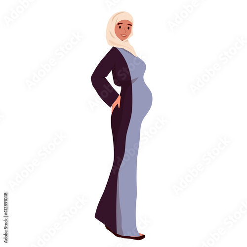 Happy Pregnant woman wearing hijab, pregnancy. Arabian Muslim Traditional clothes. Future mother expecting baby. Motherhood. New born. Flat vector illustration. Diversity, multiethnic society.