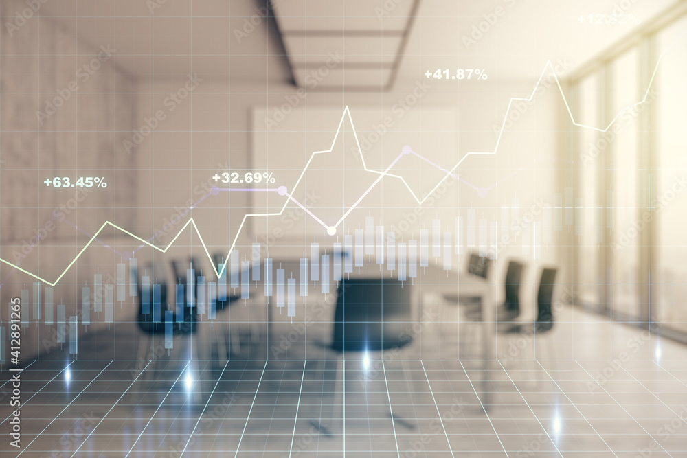 Multi exposure of abstract virtual financial graph hologram on a modern conference room background, forex and investment concept Multi exposure of abstract virtual financial graph hologram on a modern conference room background, forex and investment concept