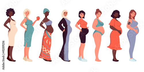 Set of different pregnant women  dress  hijab  underwear. African american  arab woman  caucasian. Young beautiful multi-ethnic mothers of different nationalities. Diversity  multiethnic society.
