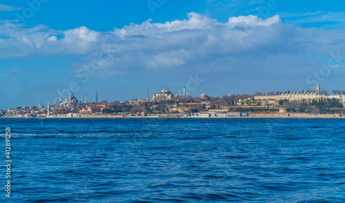 Panoramic view of the Hagia Sophia Grand Mosque, Sultanahmet (Blue Mosque) Mosque and Topkapi Palace in Istanbul, Turkey seen from the Bosporus © Jack Krier