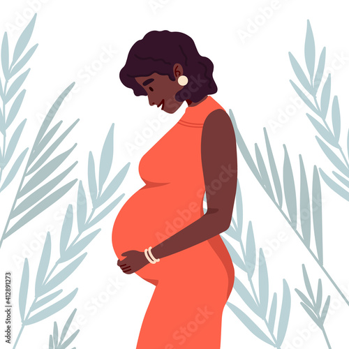 Beautiful smiling pregnant african american woman in dress. Pregnancy belly, Motherhood. New born. Young dark skinned mother. Preparation for childbirth. Mother's Day. Women's Day.