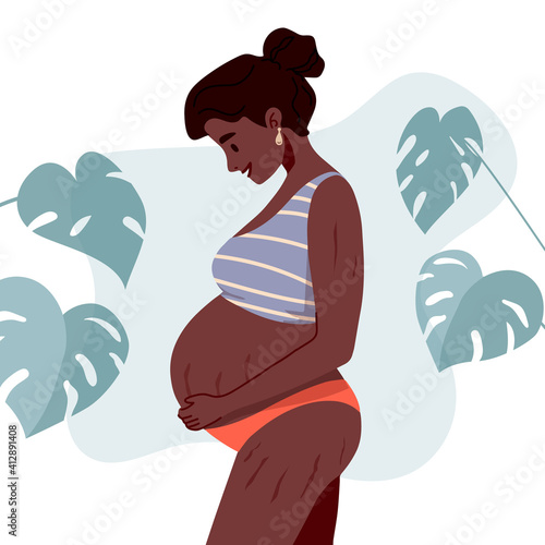 Beautiful smiling pregnant woman in underwear or swimsuit. Pregnancy belly, stretch marks. Self love, body positive Motherhood. New born. Preparation for childbirth. Mother's Day