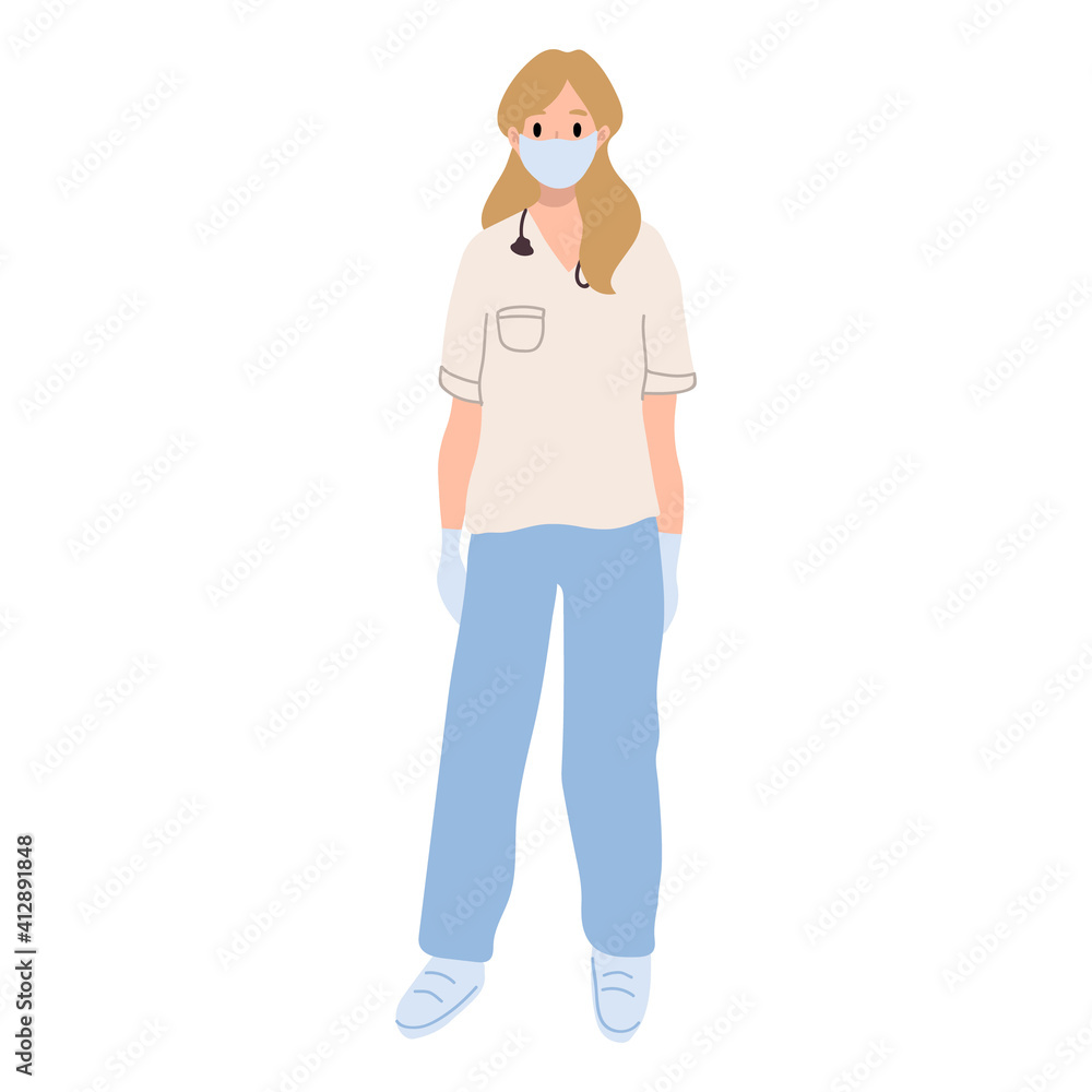 Fototapeta premium Medical consultation and support set. Female doctor with face mask and stethoscope. Healthcare services, Ask a doctor. Nurse, surgeon, therapist uniform. Medical hospital staff. Full length