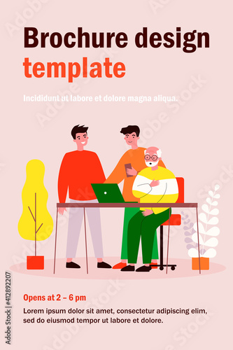 Two young and one senior men watching movie. Guys explaining to granddad how to use laptop flat vector illustration. Technology and entertainment concept for banner, website design or landing web page