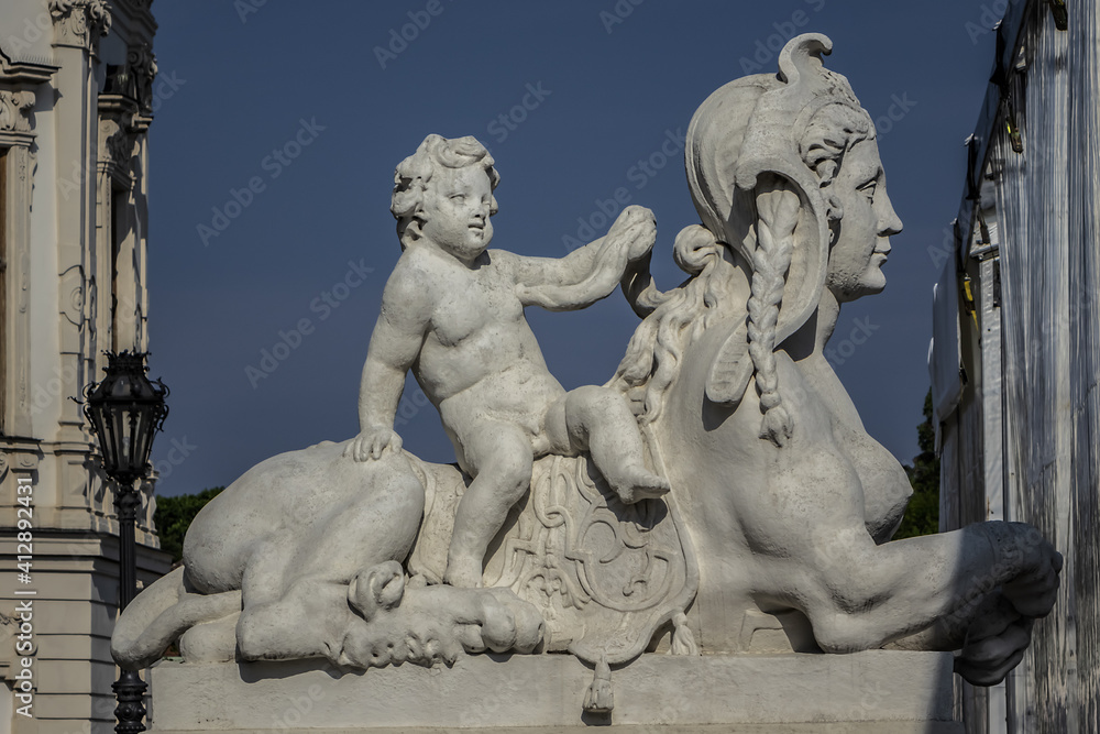 Fototapeta premium Architectural fragments of Belvedere Palace building (1724). Belvedere Palace was summer residence for Prince Eugene of Savoy. Vienna, Austria.