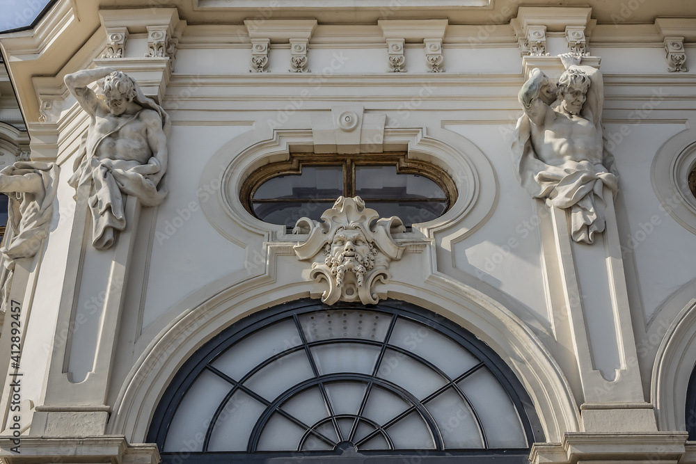 Architectural fragments of Belvedere Palace building (1724). Belvedere Palace was summer residence for Prince Eugene of Savoy. Vienna, Austria.