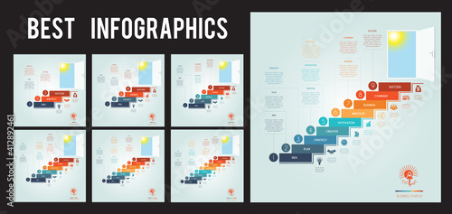 Set of infographic elements. Successful business strategy concept. Colored stairs and open door, bright sun and sky, icons and place for text.