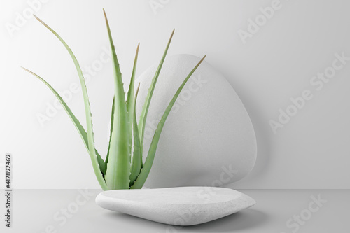 White stone podium, Cosmetic display stand with aloe vera on white background. 3D rendering 