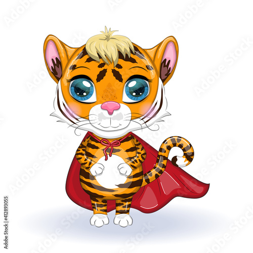 Cute cartoon tiger with beautiful eyes  orange in a red cloak  super hero
