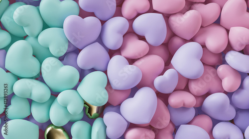 Multicolored Heart background. Valentine Wallpaper with Violet, Pink and Turquoise love hearts. 3D Render  photo