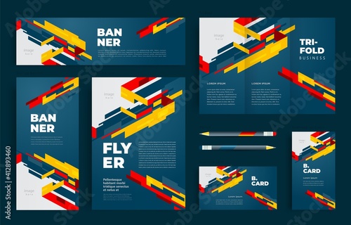 Identity stripes hi-tech abstract geometric colored dark background. Set flyer cover, tri-fold, banner, roll up banner, business card