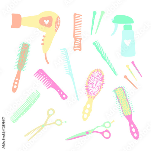 Hand-drawn hairdressing items,, tools, scissors, comb, pulverizer, clip. Vector set of accessories for a beauty salon isolated on white. Cute, stylish, trendy, kids, cartoon. Hair cutting and styling