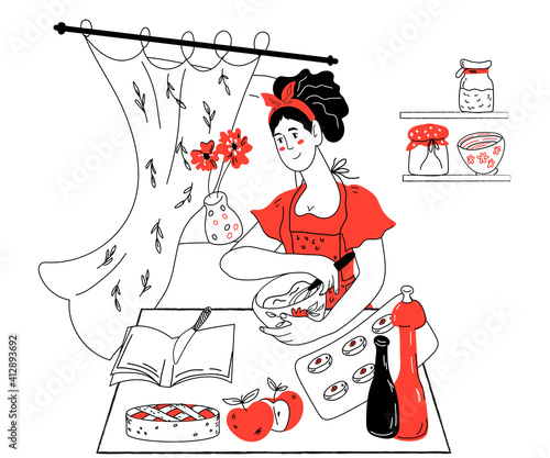 Woman cartoon character preparing apple pie in her kitchen, hand drawn doodle style vector illustration isolated on white background. Cooking and food recipes, hobby cooking.