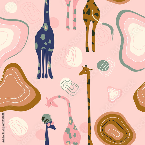 Abstract seamless pattern with hand drawn African giraffes family.Mid century modern style.Stains,stripes and waves shapes.Savannah,wild animals with sunglasses and turbans imitate people.Vector