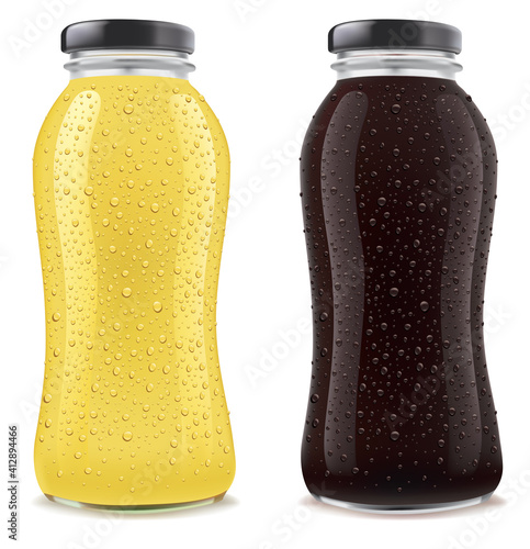 Juice Bottles with many fresh ice drops isolated on white	 - yellow and dark