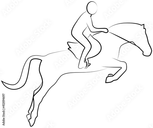 Show jumping icon of a set - black and white vector outline of horse and jockey