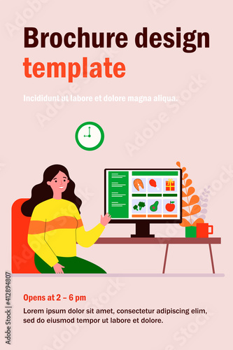 Customer choosing food in online grocery store. Woman at computer, internet shop flat vector illustration. Service, food order during lockdown concept for banner, website design or landing web page