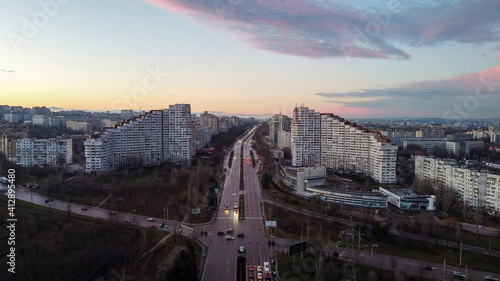 Aerial drone view of Chisinau at dusk, Moldova photo