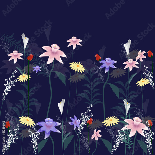 Flowers isolated on blue background. Flowers modern design for t-shirt, print material, cloth and textile. Useful for invite and wedding card, wallpaper and greeting card. Flowers vector illustration