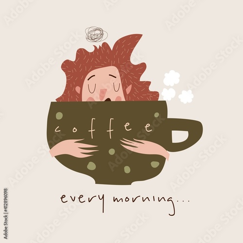 Funny girl drinks from giant coffee mug