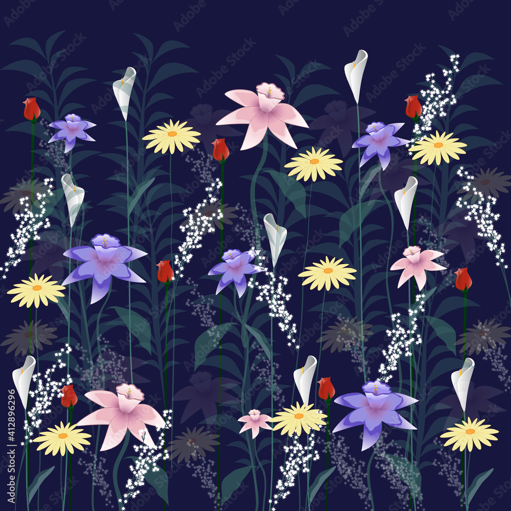 Flowers isolated on blue background. Flowers modern design for t-shirt, print material, cloth and textile. Useful for invite and wedding card, wallpaper and greeting card. Flowers vector illustration Flowers isolated on blue background. Flowers modern design for t-shirt, print material, cloth and textile. Useful for invite and wedding card, wallpaper and greeting card. Flowers vector illustration