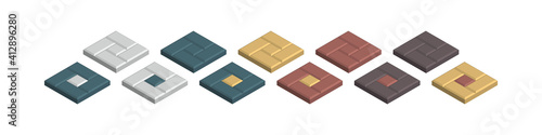 Isometric vector illustration concrete paver blocks isolated on white background. Realistic colorful street paving slabs icon in flat cartoon style. Pavement floor bricks. Street tiles.