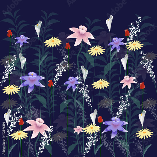 Flowers isolated on blue background. Flowers modern design for t-shirt, print material, cloth and textile. Useful for invite and wedding card, wallpaper and greeting card. Flowers vector illustration