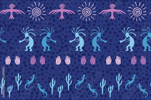 Traditional, design with dancing god music spirit, wild nature, spiral signs.
