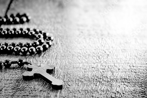 Photography wooden rosary in black and white photo, concept of christian faith and spiritual