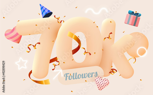 70k or 70000 followers thank you Pink heart, golden confetti and neon signs. Social Network friends, followers, Web user Thank you celebrate of subscribers or followers and likes.