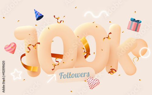 100k or 10000 followers thank you Pink heart, golden confetti and neon signs. Social Network friends, followers, Web user Thank you celebrate of subscribers or followers and likes.