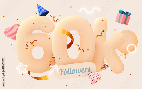 60k or 60000 followers thank you Pink heart, golden confetti and neon signs. Social Network friends, followers, Web user Thank you celebrate of subscribers or followers and likes.