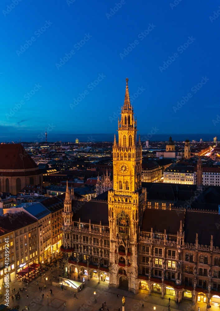 Fototapeta premium Aerial view of Frauenkirche at night, Munich, Bavaria, Germany