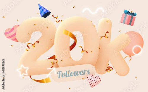 20k or 20000 followers thank you Pink heart, golden confetti and neon signs. Social Network friends, followers, Web user Thank you celebrate of subscribers or followers and likes.