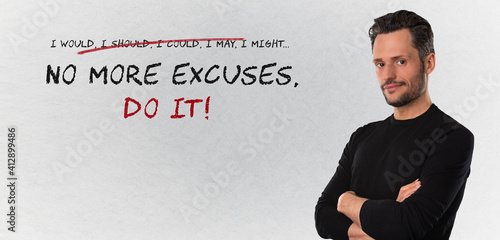Foto Young white bearded man with no more excuses, do it text
