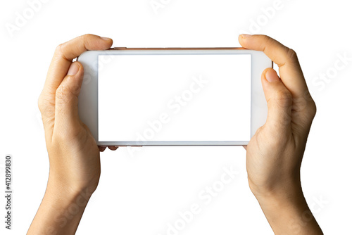 Wallpaper Mural Close-up woman of hand held with digital smartphone white screen isolated on white background. Concept of technology, connection, communication, social Torontodigital.ca