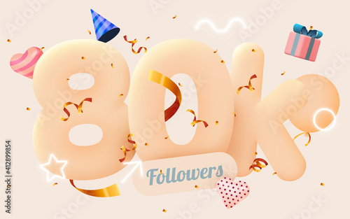 80k or 80000 followers thank you Pink heart, golden confetti and neon signs. Social Network friends, followers, Web user Thank you celebrate of subscribers or followers and likes.