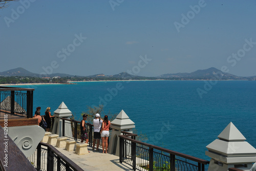 Tourists enjoy beautiful scenery at Lat Koh Viewpoint in Samui Island, Thailand.